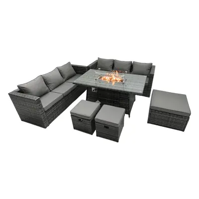 Fimous Rattan Garden Furniture Firepit Dining Set Seater Lounge Sofa Table Set with Footstool