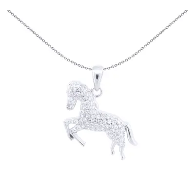 Jewelco London Rhodium Silver Round CZ Galloping Jumping Horse Charm Pendant - APD210