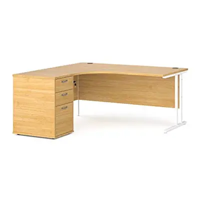 Mr Office Maestro left hand ergonomic desk with white cantilever frame and desk high pedestal bu