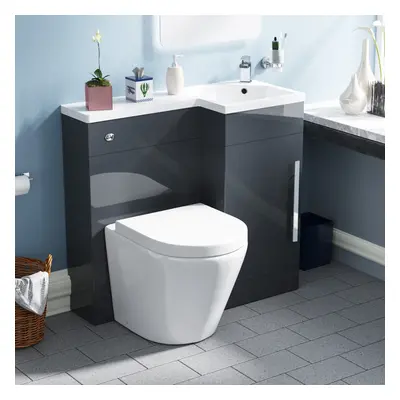 Nes Home Debra Flat Packed Compact 900mm Grey L-Shape Right Hand Vanity Unit, Rimless Toilet Set