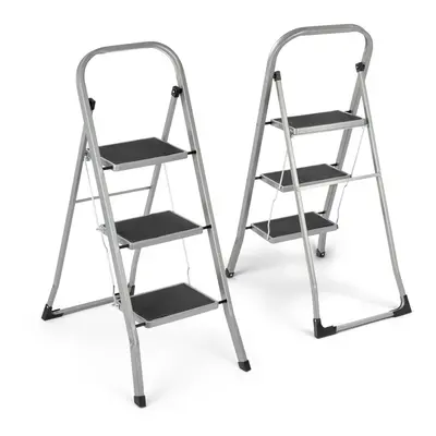 (Grey) Step Ladder Portable Compact Folding Metal Non Slip Stool Heavy Duty Steel