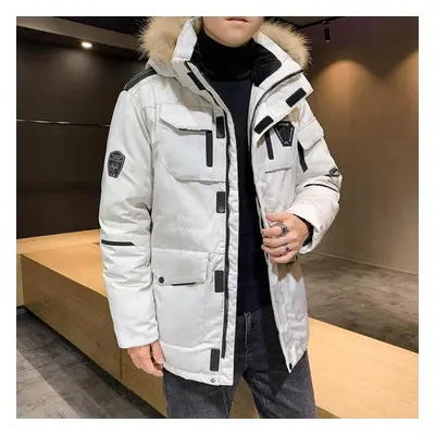 (white, L) New Winter Men&apos;s Down Jacket Mid-length Couple Tooling Down Jacket