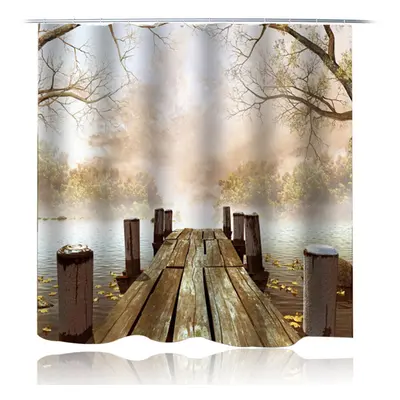 (A) 180x180CM Wooden Bridge Printing Bathroom Shower Curtain Toilet Cover Mat Non-Slip Rug Set