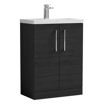 Compact Floor Standing Door Vanity Basin Unit with Ceramic Basin - 600mm - Woodgrain Charcoal Bl