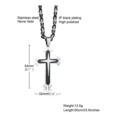 STAINLESS STEEL LARGE CROSS PENDANT WITH BYZANTINE CHAIN NECKLACE FOR MEN