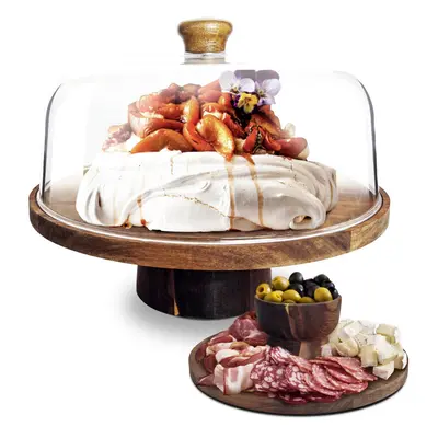 3-in-1 Cake Stand with Lid Rustic Acacia Wooden Cake Plate with Pedestal, Food serving Platter, 