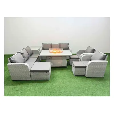 Fimous PE Rattan Set Patio Firepit Dining Table & Chairs Set with Seater Sofa Reclining Chair St