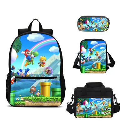 Super Mario Backpack Set 4PCS Student Schoolbag Lunch Bag Crossbody Bag Pen Bag