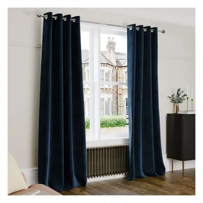 (Blue, 66" x 90" (168cm x 228cm)) Thick Heavy Velvet Curtain PAIR Eyelet Ring Top Fully Lined Re