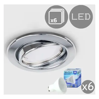 6 x Polished Chrome Tiltable Steel Ceiling Recessed Spotlight Downlights - Complete with x 5W GU