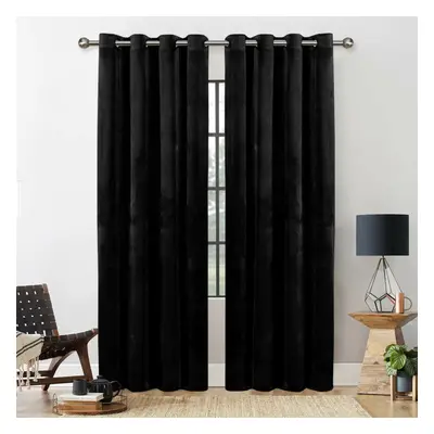 (BLACK, 90X90) THICK VELVET CURTAINS PAIR OF EYELET RING TOP SOFT