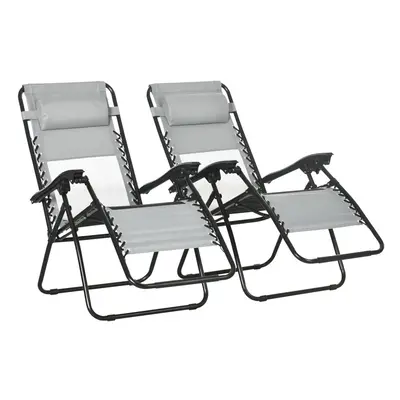 Outsunny Foldable Garden Recliner Chair Set of w/ Footstool & Headrest, Grey