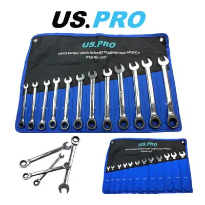 US PRO 12pc Metric Gear Ratchet Combination Spanner Wrench Set 8-19mm