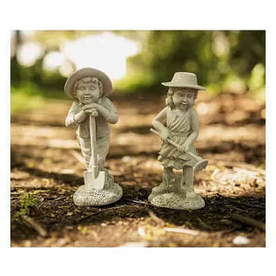 Stone Effect Gardening Kids Statue, Boy and Girl Garden Ornaments