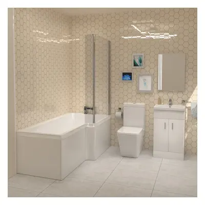 Cann L-Shaped RH Shower Bath, White Basin Vanity Unit & Close Coupled Toilet