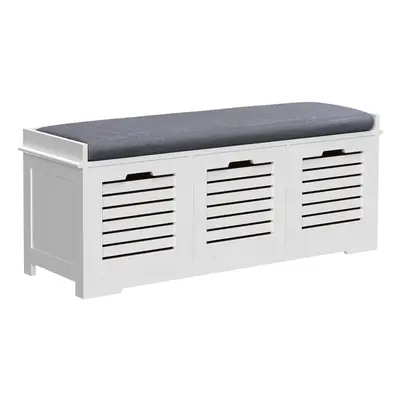 HOMCOM 3-Door Shoe Storage Bench Cushion Seat Slatted Doors Elevated Base White