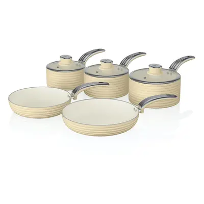 Swan Cream Retro Non-Stick 5pce Pan Set, Saucepans 16/18/20cm & Frying Pans 20/28cm with Tempere