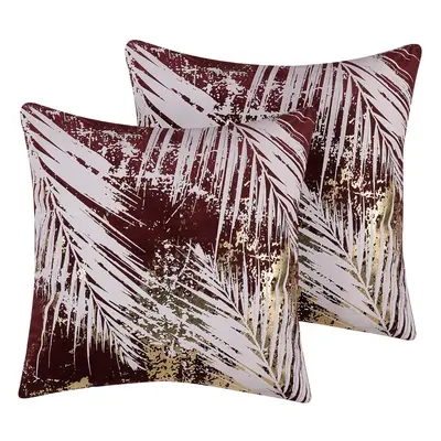 Set of Velvet Cushions Leaf Pattern x cm Burgundy CALLA