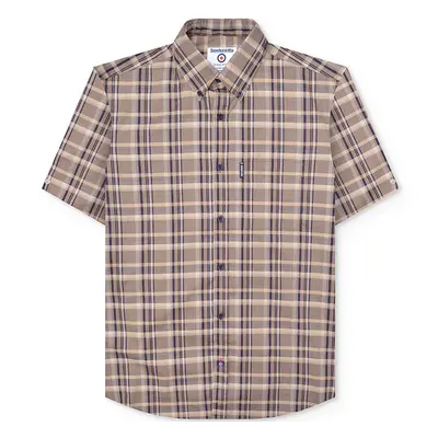 (S, Brown) Lambretta Mens Short Sleeve Checked Button Down Shirt