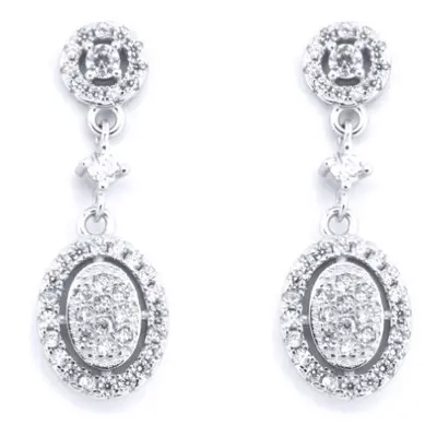 Jewelco London Rhodium Silver Round CZ Double Cluster Solitaire Drop Earrings - AES197