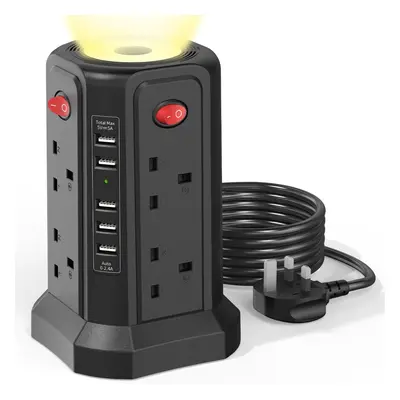 Tower Extension Lead with USB Slots and Night Light, (13A 3250W)5 USB Ports & Way Socket Extensi