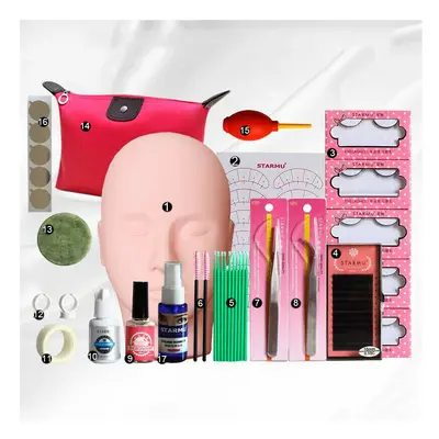 17Pcs Eyelash Extension Makeup Practice Mannequin Training Head Lash Starter Kit