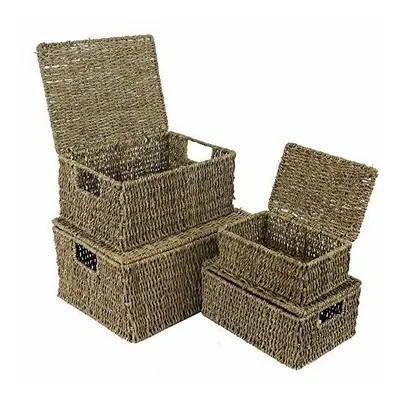 Natural Wicker Set Of Baskets Seagrass Storage Hamper With Lids