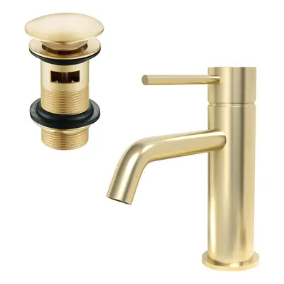 Nes Home Modern Deck Mounted Brushed Brass Round Single Lever Basin Mono Mixer Tap + Waste