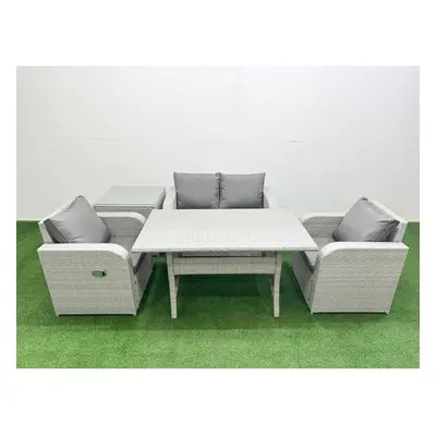 Fimous Light Grey PE Wicker Rattan Garden Furniture Set Sofa Set Reclining Chair Rectangular Din