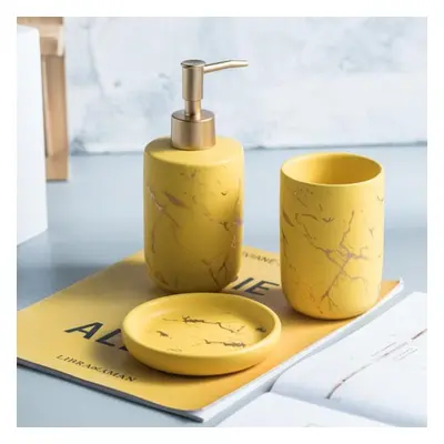 (yellow, 3pcs) Scandinavian Bathroom Accessories Set Marble Toothbrush Cup With Two Rinse Cups S