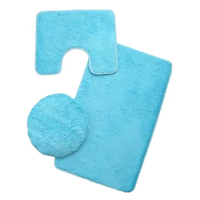 (Sky Blue) 3PCS Solid Color PV Velvet Bathroom Mat Set Anti-slip Floor Rug Lid Toilet Cover