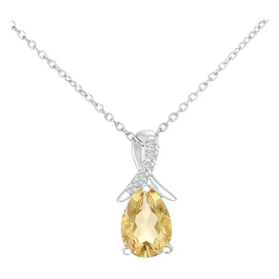 Jewelco London 9ct White Gold Round 2pts Diamond Pear 0.65ct Citrine Kiss Crossover Pendant Neck