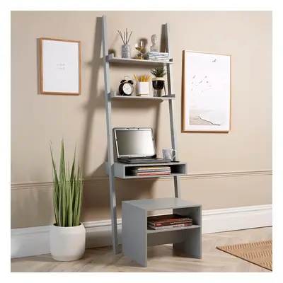 (Grey) Tier Ladder Shelf Desk Home Office Storage with Stool