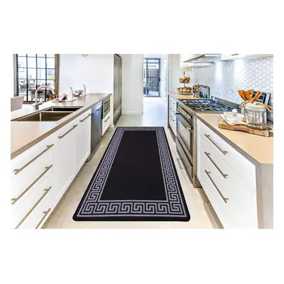 (80 x 300cm (2 ft 6"x ft)) Machine Washable Non Slip Greekey Gel Back Door Entrance Mats-Black G