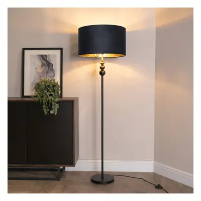 ValueLights Marissa Black Velvet & Gold Shade Black Floor Lamp & Bulb