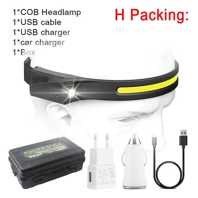 (Package H, AU) COB LED Headlamp Sensor Headlight with Built-in Battery Flashlight USB Rechargea