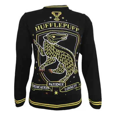 (M, Black) Harry Potter Christmas Jumper Hufflepuff Crest new Official Unisex Ugly Sweater