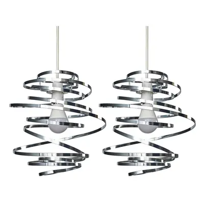 Pair of Contemporary Silver Chrome Metal Double Ribbon Spiral Swirl Ceiling Light Shades - Compl