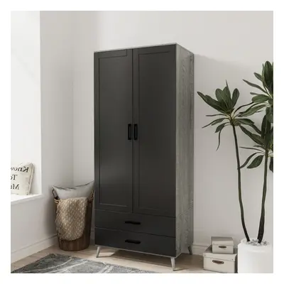 (Ash Grey & Black) DEVON 180cm Modern Wardrobe Door Drawer Bedroom Storage with Hanging Rail