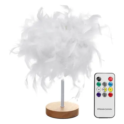 (Remote Control) USB Modern White Feather Shade Table Lamp Lampshade Elegant Bedside Desk Night 