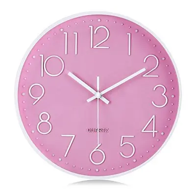 Lafocuse Modern Pink Wall Clock Inch Silent for Kids Non Ticking Quartz Clocks with 3D Numerals 