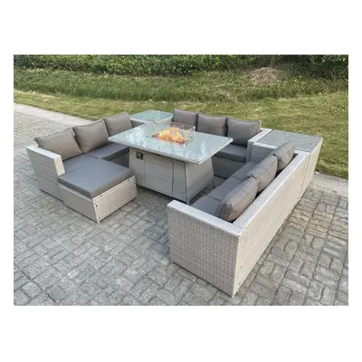 Fimous U Shape Lounge Sofa Dining Set With Gas Fire pit Burner Table Footstool