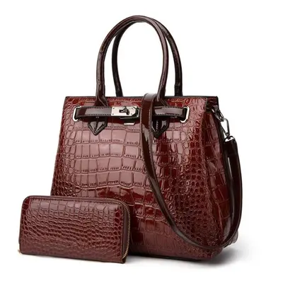 (brown, one size) Crocodile Pattern Lacquer Leather Women&apos;s Bag Two Piece Handheld One Shou