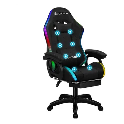 (Fabric Black) ELFORDSON Gaming Office Chair RGB LED Massage Footrest