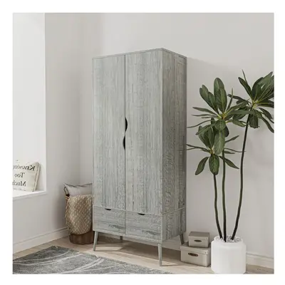 (Ash Grey) Door Drawer Wardrobe with Scandi Legs Cupboard Hanging Rail 180cm