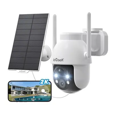 ieGeek 2K Solar Security Camera Outdoor Wireless, 360? Pan Battery Camera with Solar Panel, Wifi