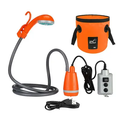 (orange, Shower Pump with Collapsible Bucket) Outdoor Camping Shower Pump Usb Rechargeable Showe