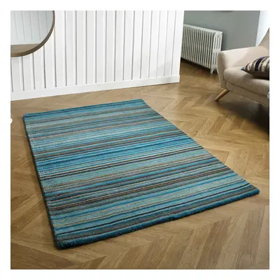 (TEAL, x cm) Modern Multi Coloured 100% Wool Rugs Stripe Line Design Small Extra Large Hall Runn