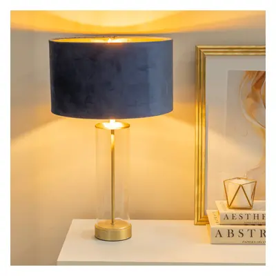 ValueLights Balan Navy Velvet & Gold Shade Glass Gold Table Lamp & Bulb