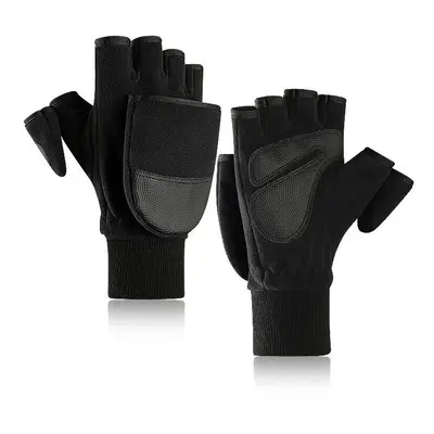 (Black, L) Fleece Warm Gloves Men's Flip Bag Refers To Plus Thick Outdoor Loupe Finger Touch Scr